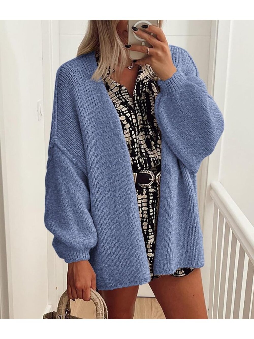 Women's Haze Blue Soft Chunky Knit Baggy Loose Fit Open Front Oversized Sweater - Picture 4 of 6